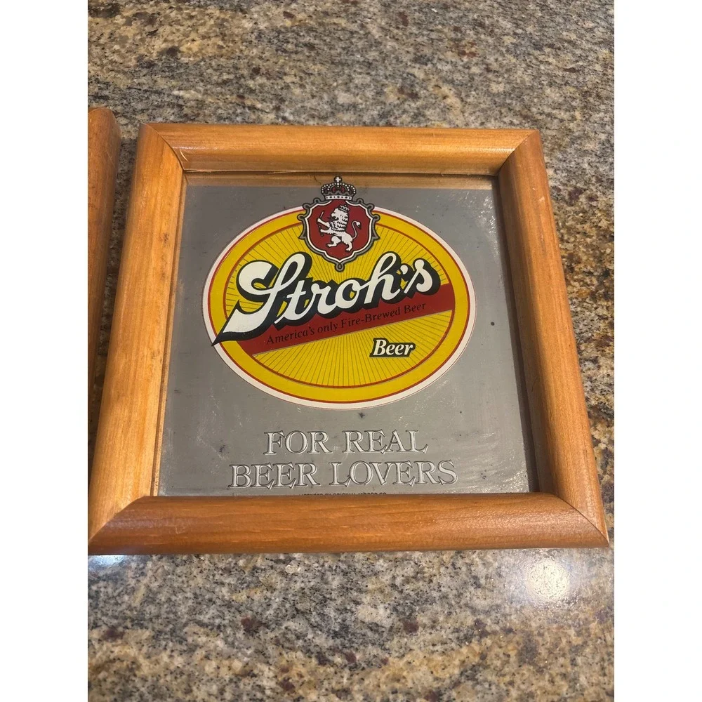 Vintage Bar Mirror Set Stroh's Jim Beam Mickey's Malt Liquor Wood Frame 7x7 4pc